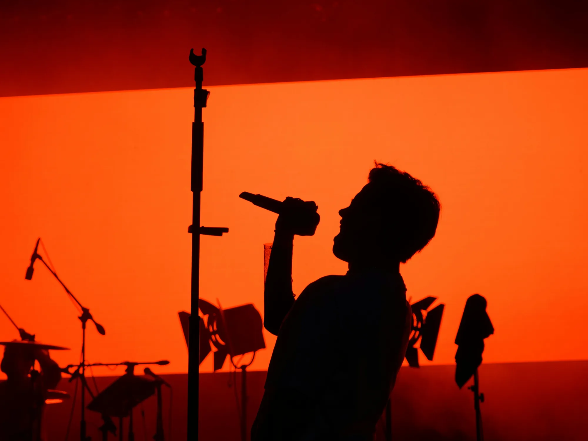 A performer silhouetted against a red-orange stage.